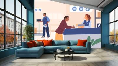 People in post office send and receive parcels. Delivery service visitors. Box registration. Postman sorts letters. Postman at counter. Weighing mail on scales. Garish vector concept Wall mural