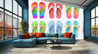 Realistic colorful flip flops model. 3D rubber shoes. Patterned bright sandals top view. Beach summer footwear. Bathroom feet accessories. Casual clothing. Vector isolated slippers set Wall mural