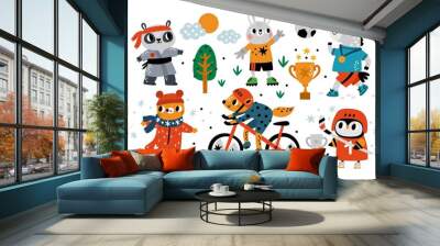 Sport animals. Cartoon athletes characters with equipment. Penguin playing hockey. Football or karate. Healthy lifestyle motivation. Fox on bicycle. Skiing and running. Vector sportsmen set Wall mural