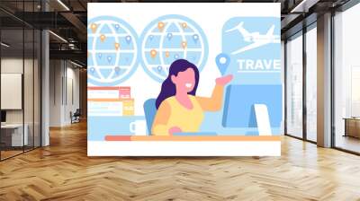 Travel agency manager helps to choose tour to rest. Tourism management. Agent selling and booking airplane tickets. Location pins on globe. International journey trip. png concept Wall mural