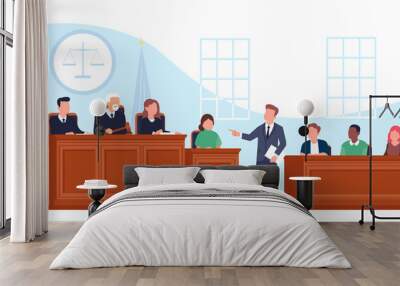 Trial in courtroom. Lawyer asks questions to witness. Courthouse interior. Judge and jury at wooden tribunes. Law tribunal. Prosecutor and defendant attorney. png jurisdiction concept Wall mural