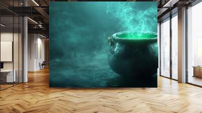 Cauldron with green potion. Foggy background Wall mural