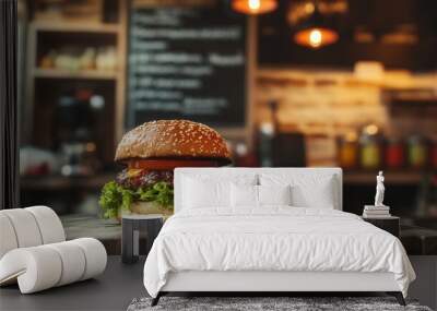 Delicious burger in cozy cafe. Burger background Wall mural