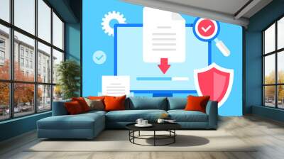 Downloading document. Vector illustration. Computer with file and down arrow symbol on screen, loading progress bar, shield, email, magnifying glass and check mark, etc. Wall mural