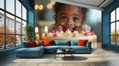 Excited black girl and birthday cake. Birthday celebration Wall mural