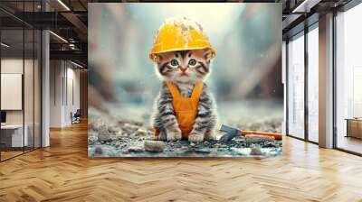 Kitten builder. Construction site background Wall mural