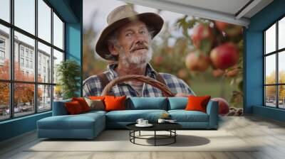 Rural farmer with basket of apples Wall mural