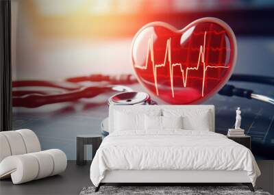 Stethoscope and ECG report, epitomizing the essence of heart health. Generative AI Wall mural