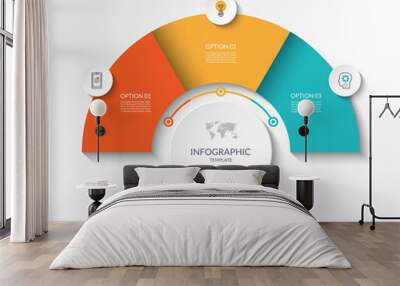 Business infographic semicircle template with 3 options. Can be used as a chart, workflow layout, diagram, data visualization, minimalistic web banner. Wall mural