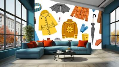 Cartoon autumn warm wardrobe. Demi season clothing, protection from cold and rain, raincoat, umbrella, sweatshirt, rubber boots, vector set Wall mural