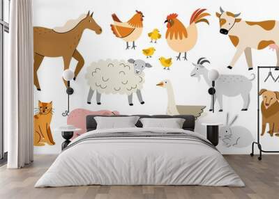 cartoon farm animals. cute horse, cow, dog, cat, funny domestic birds, hen, rooster and chickens, go Wall mural