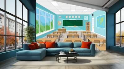 Empty school classroom interior with chalkboard, teacher's table, desks and chairs, school supplies. Education concept in flat style. Vector illustration Wall mural