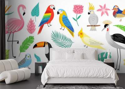 Exotic birds and tropical plants. Bright decorative plumage creatures, beautiful parrots and flamingo, monstera and palm leaves, vector set Wall mural