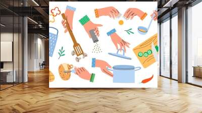 human arms hold kitchen accessories. Preparing food process, hands cutting vegetables on board, peeling potatoes, cooking time, vector set Wall mural