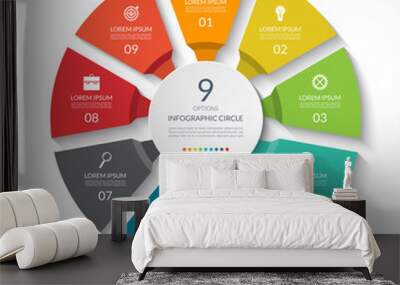 Infographic circle. Process chart. Vector diagram with 9 options. Can be used for graph, presentation, report, step options, web design. Wall mural