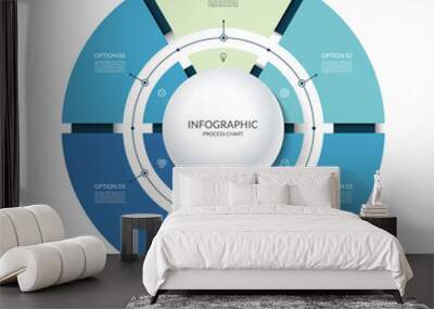 Infographic circular chart divided into 6 parts. Step-by step cycle diagram with six options designed for report, presentation, data visualization. Wall mural