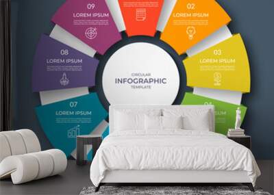 Infographic circular diagram with 9 options, parts. Nine-step process chart with colorful segments, applicable for data visualization, presentation, business infographics. Wall mural