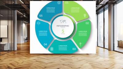 Infographic circular vector template with 5 options, parts. 5-step cycle diagram for business infographics. Process chart, vector banner for presentation, report, brochure, web, data visualization. Wall mural