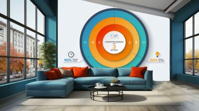 Infographic diagram template with concentric circles. Vector banner with 3 options- 30, 60 and 90 percent. Can be used for web design, presentation, graph, chart, report, data visualization Wall mural