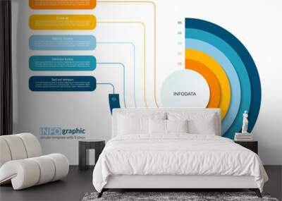 Infographic semi circle layered concentric template with 5 steps, options. Process chart, cycle diagram, vector banner for presentation, report, brochure, web, data visualization. Wall mural