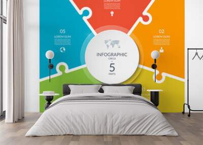 Infographic square template in puzzle style. Vector cycle diagram with 5 parts, options. Wall mural