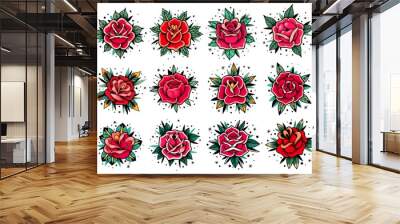 old school tattoo roses collection. Old school tattoo roses set. Vector elements collection. Traditional american tattoo flowers. Wall mural