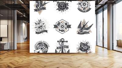 Old school traditional tattoo emblems set Wall mural