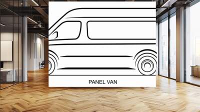 Panel van silhouette isolated on white background. Side view of the mini bus or van. Line art design template. Vector illustration. Wall mural