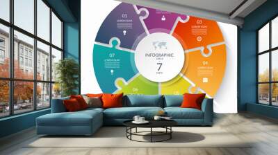 Puzzle infographic circle with 7 steps, options, pieces. Seven-part cycle chart. Can be used for diagram, graph, report, presentation, web design. Wall mural