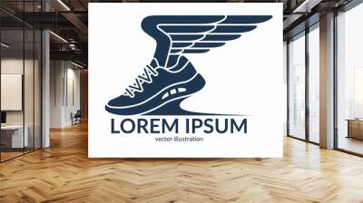 Running shoe symbol, icon, logo. Sneaker with wings. Vector illustration Wall mural