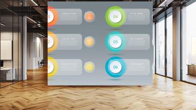 Set of infographic design elements with glass effect. Abstract template with 6 numbered steps, options with place for text and icons. Vector background Wall mural