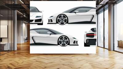 Set of modern sports car mockups. Side, front, rear view of a sports coupe isolated on white background. Vector white sportscar template for branding, advertisement, logo placement. Easy editable. Wall mural