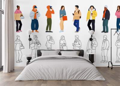 Set of urban people. Male and female characters dressed in casual clothes. Standing and walking faceless street people. Flat vector color and outline illustrations isolated on white background. Wall mural