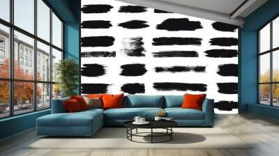 Set of vector brush strokes with grunge texture. Collection of dirty artistic black ink brush strokes. Dry paint stains, hand drawn ink spots isolated on white background. Wall mural