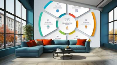 Vector infographic circle. Cycle diagram with 6 steps. Round chart that can be used for report, business analytics, data visualization and presentation. Wall mural