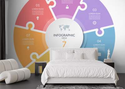 Vector infographic puzzle circular template. Cycle diagram with 7 parts, options. Can be used for chart, graph, report, presentation, web design. Wall mural