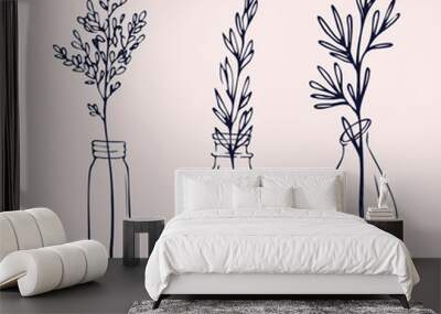 Set of floral compositions. Bouquets with hand drawnbranches in vases and jars. Monochrome vector illustrations in sketch style. Cozy branches Wall mural