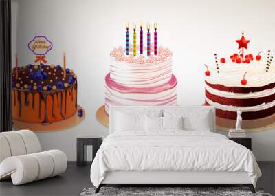 vector set of different delicious cakes isolated on white background. birthday cakes with cream choc Wall mural