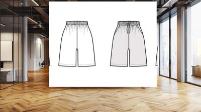 Active Shorts Sport training technical fashion illustration with normal waist, high rise, Drawcord, Relaxed fit, mid-thigh length. Flat template front, back, white grey color. Women men unisex mockup Wall mural