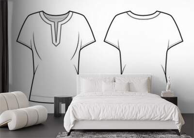 Blouse technical fashion illustration with split neckline, relaxed silhouette, wide short cap sleeves. Flat apparel shirt template front, back, white color. Women men unisex top CAD mockup Wall mural