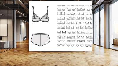 Bra lingerie technical fashion illustration with full adjustable shoulder straps, molded cups, hook-and-eye closure. Flat brassiere front, back white color style. Women men unisex underwear CAD mockup Wall mural