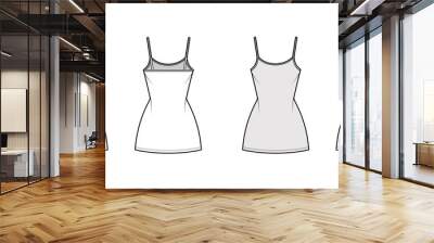 Camisole dress technical fashion illustration with scoop neck, straps, mini length, fitted body, Pencil fullness. Flat apparel template front, back, white, grey color. Women, men, unisex CAD mockup Wall mural