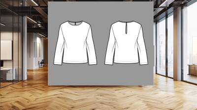 Classic blouse technical fashion illustration with long sleeves, round neck with back button-fastening keyhole, oversized. Flat apparel shirt template front back, white color. Women men unisex top CAD Wall mural