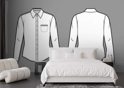 Classic shirt technical fashion illustration with long cuff sleeves, front button-fastening, point collar, welt pocket. Flat apparel template front back white color. Women men unisex top CAD mockup Wall mural