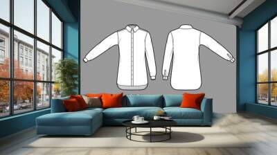 Classic shirt technical fashion illustration with straight long sleeves with cuff, relax fit, buttons, regular collar. Flat template front, back white, color. Women men unisex top CAD mockup Wall mural