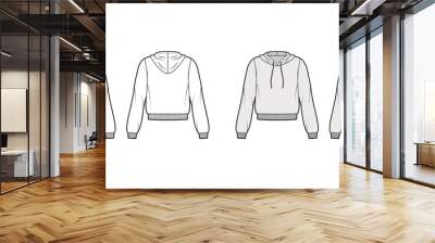 Cotton-fleece hoodie technical fashion illustration with relaxed fit, long sleeves, ribbed trims. Flat jumper apparel template front, back white grey color. Women men, unisex sweatshirt top CAD mockup Wall mural