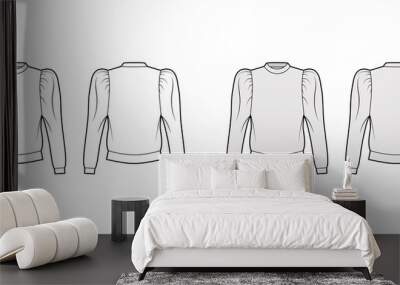 Cotton-jersey sweatshirt technical fashion illustration with relaxed fit, crew neckline, gathered, puffy long sleeves. Flat jumper apparel template front, back white, grey color. Women men, unisex top Wall mural