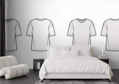 Cotton-jersey t-shirt technical fashion illustration with crew neckline, elbow sleeves, tunic length. Flat outwear basic apparel template front, back, white grey color. Women men unisex top CAD mockup Wall mural