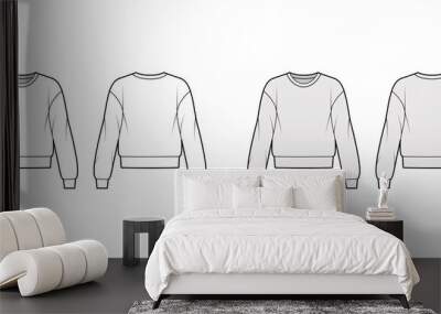 Cotton-terry sweatshirt technical fashion illustration with relaxed fit, crew neckline, long sleeves. Flat outwear jumper apparel template front back white grey color. Women, men unisex top CAD mockup Wall mural