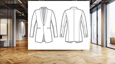 Dinner fitted jacket suit tuxedo technical fashion illustration with single breasted, long sleeves, jetted pockets. Flat coat blazer template front, back white color style. Women men unisex CAD mockup Wall mural